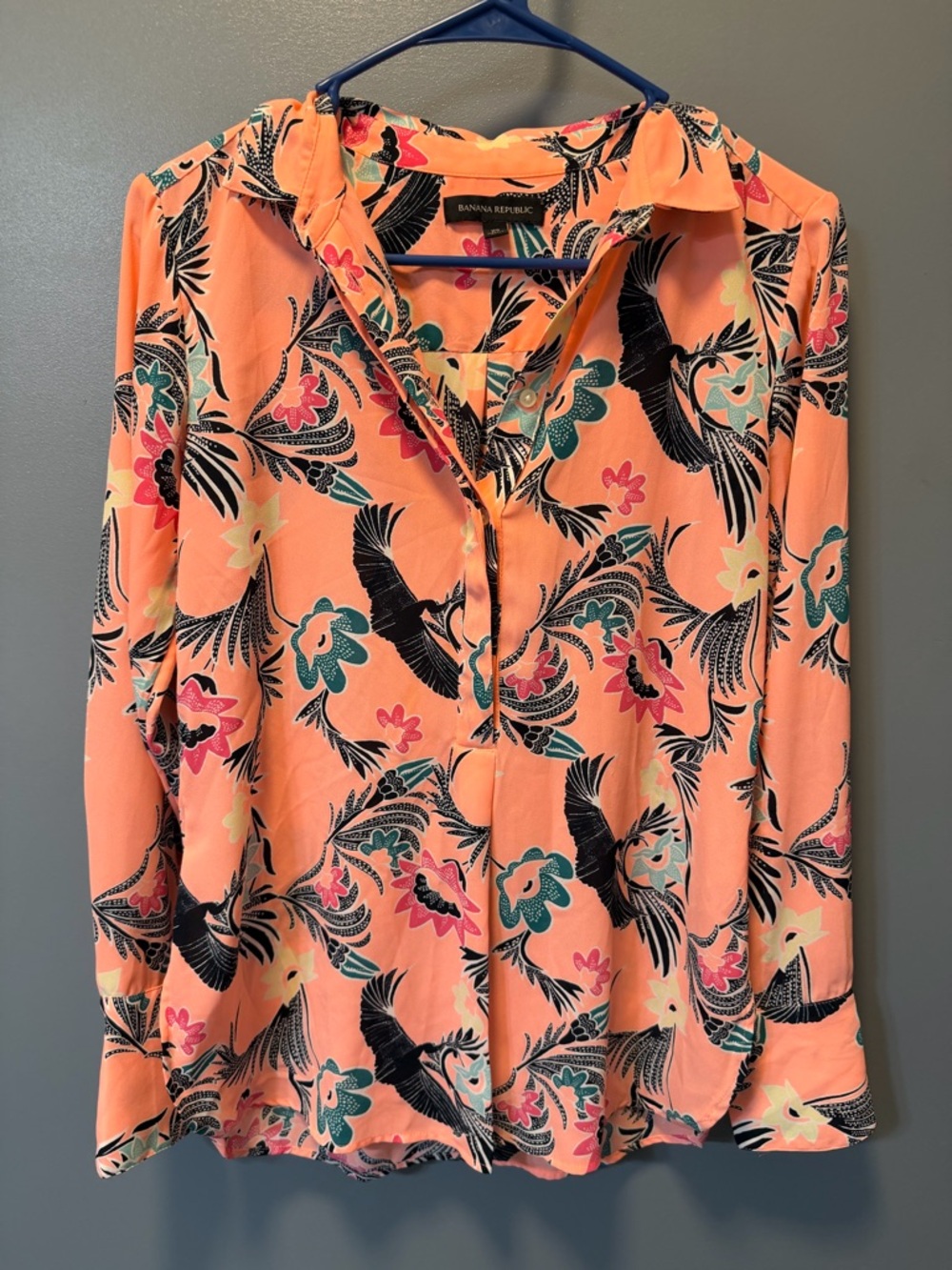 Banana Republic Coral Button-Front Floral & Bird Blouse